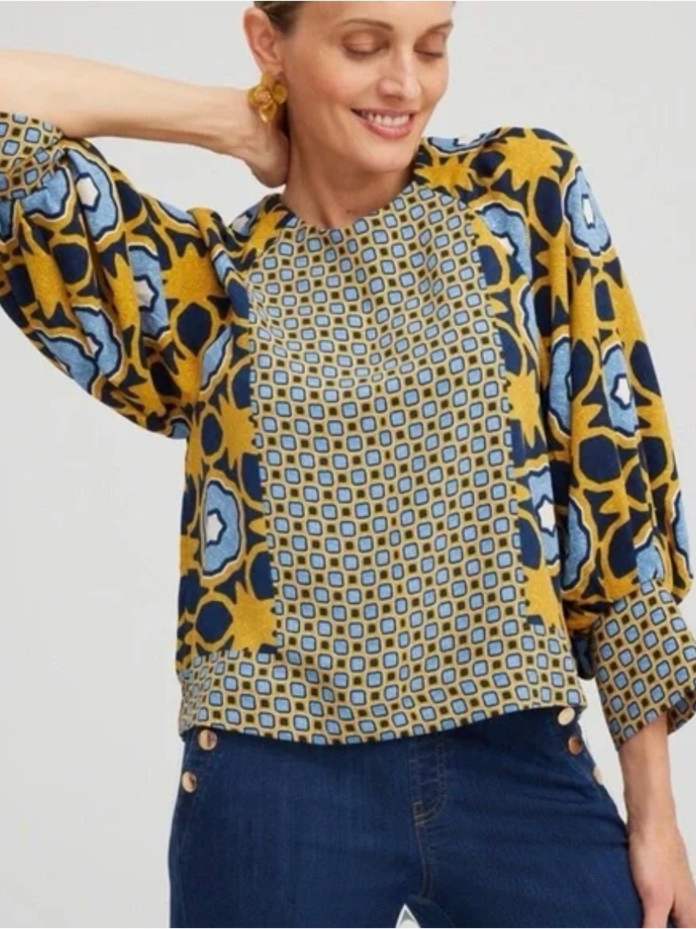 Chico's Patterned Ruffle Sleeve Blouse in Mustard & Blue Size 3.5 Gorgeous Top